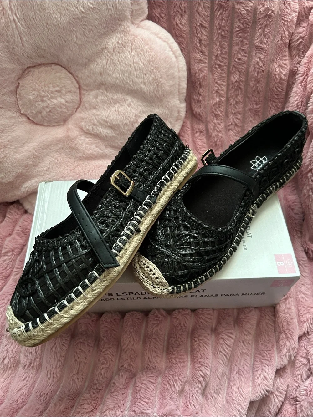 Serra Black Woven Espadrille Flats with Ankle Strap